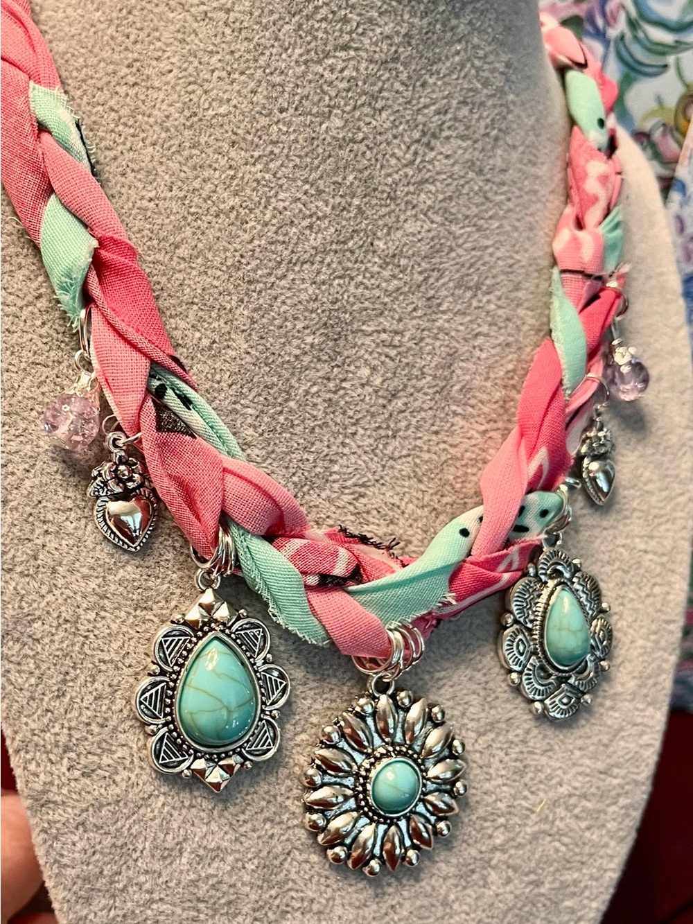 Flirty Boho Braided Pink & Mint Bandana Turquoise Pendant Necklace, 30” - Picture 4 of 6